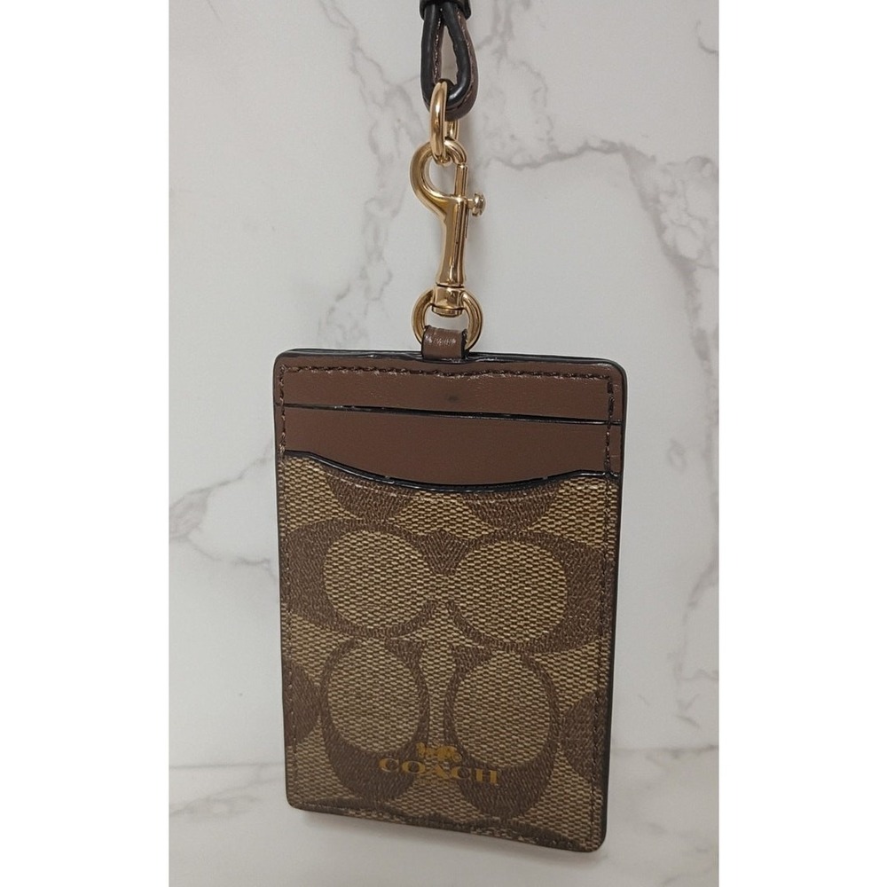 COACH Signature Coated Canvas Khaki & Saddle Brown ID Lanyard - EUC